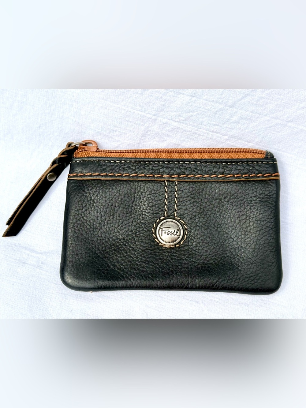 Fossil Black Leather Card Case with Brown Zipper and Green ID Window